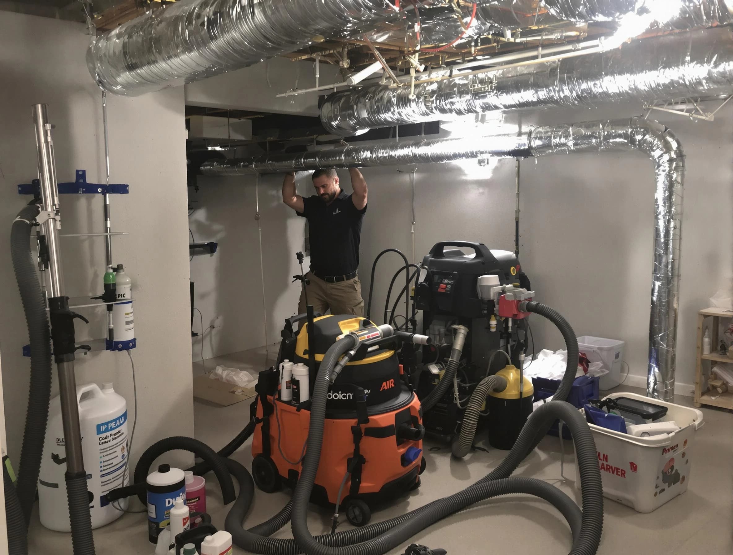 Childersburg Air Duct Cleaning specialist performing professional mold removal from air ducts using safety equipment in Childersburg