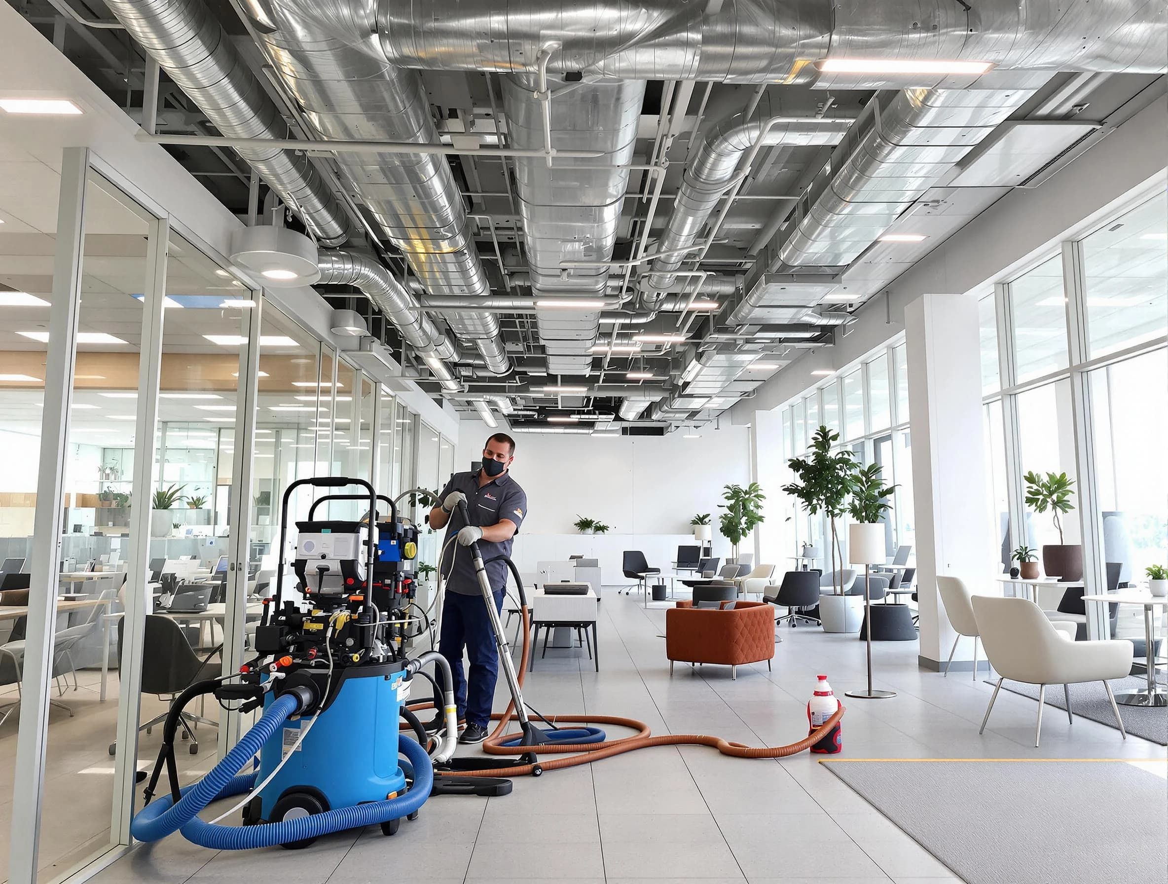 Childersburg Air Duct Cleaning team conducting comprehensive commercial duct cleaning at a business location in Childersburg