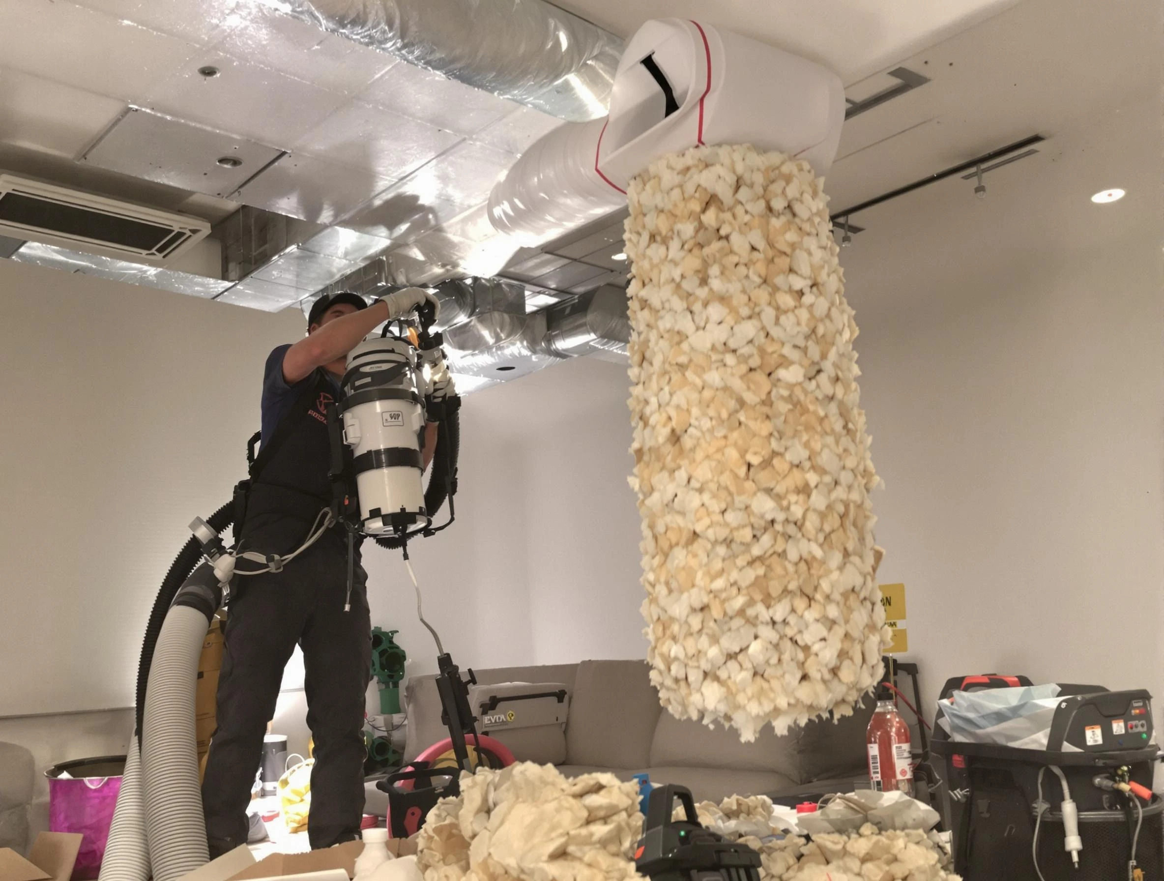 Childersburg Air Duct Cleaning technician performing precision vacuum insulation removal in a residential property in Childersburg